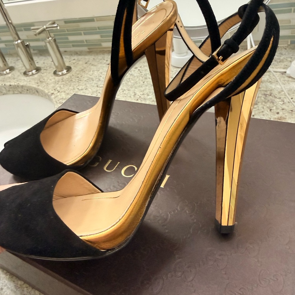 Gucci Black Suede and Gold Strappy Heels, 4 inch mirrored heel, peep toe. - Picture 12 of 12